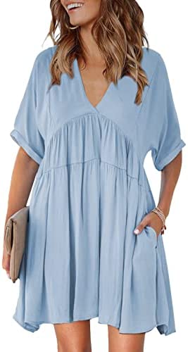 TIKSAWON Women's V Neck Tie Back High Waist Ruffle Flowy Swing Summer Dress