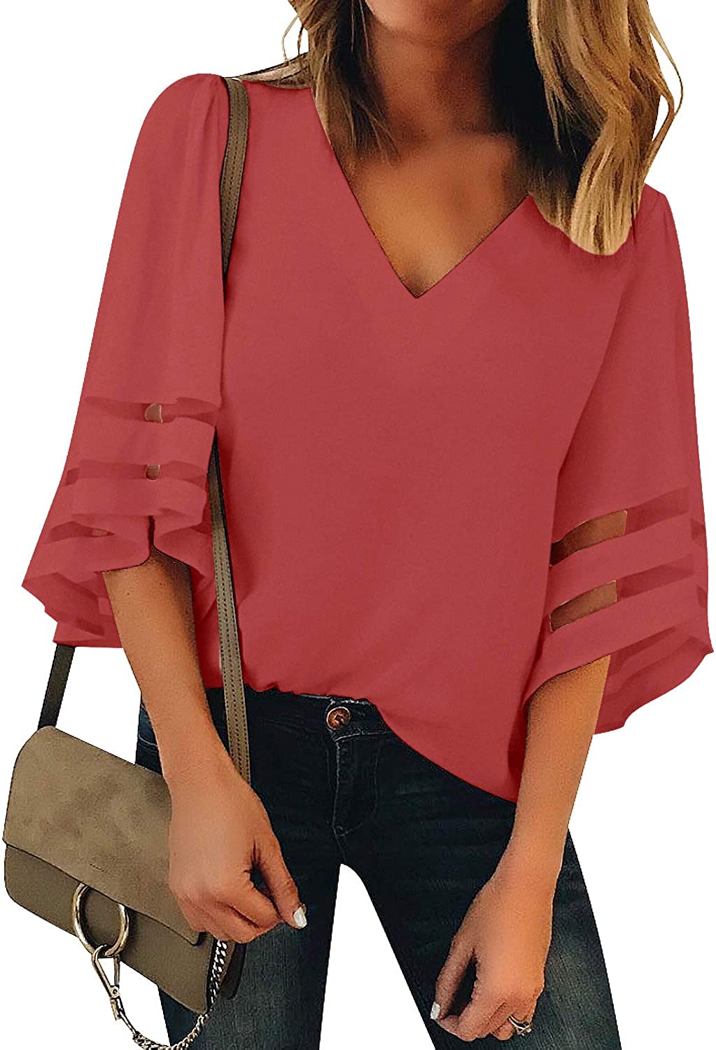 luvamia Women's Casual V Neck Blouse 3/4 Bell Sleeve Mesh Panel Shirts Loose Top