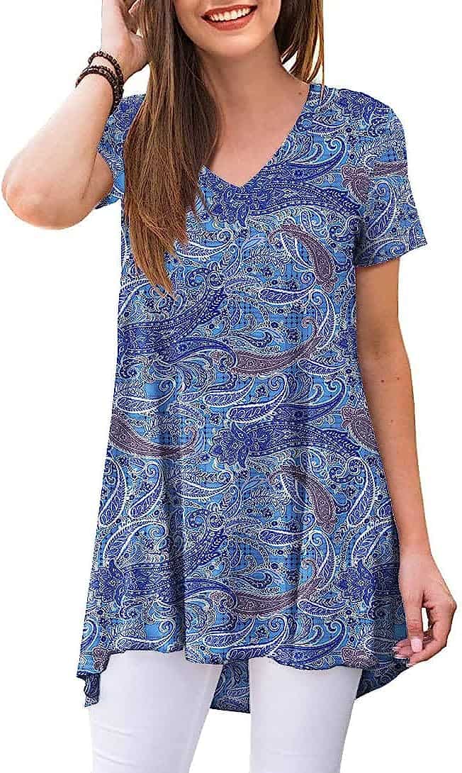 POPYOUNG Women's Summer Casual Short Sleeve Tunic Tops to Wear with Leggings V-Neck T-Shirt Loose Blouse