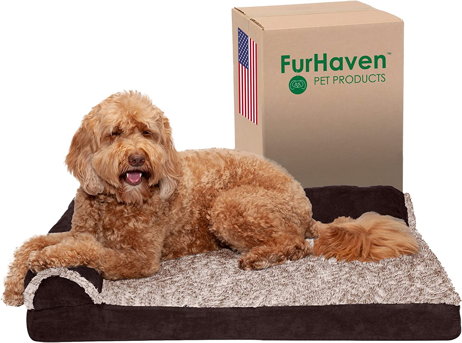 Furhaven Large Orthopedic Dog Bed Two-Tone Faux Fur & Suede L Shaped Chaise