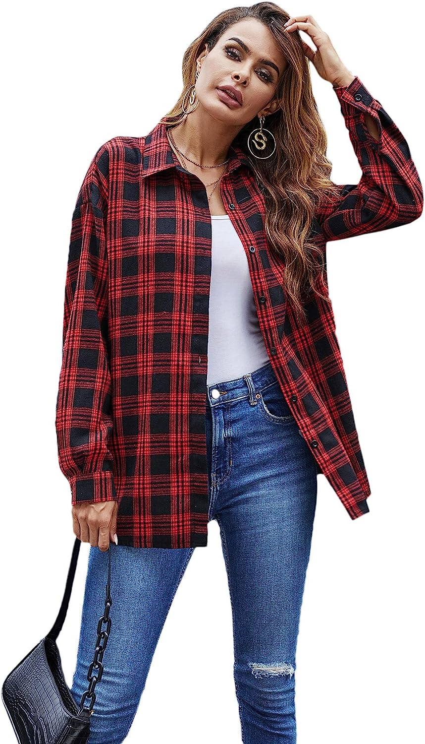 SweatyRocks Women's Long Sleeve Collar Long Button Down Plaid Shirt Blouse Tops